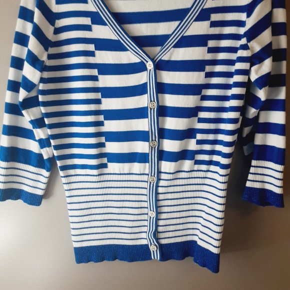 Belldini Striped Cardigan, V-neck, 3/4 Sleeve, Royal Blue & White | Medium - Picture 3 of 14